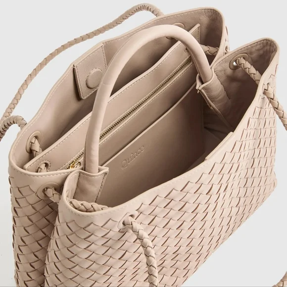 NWT QUINCE LARGE ITALIAN LEATHER HANDWOVEN SATCHEL TOTE BAG IN TAUPE - Picture 6 of 15
